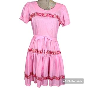 VINTAGE 70's Handmade Size 6 Pink Puff Sleeve Ruffle A-Line Dress Cottagecore